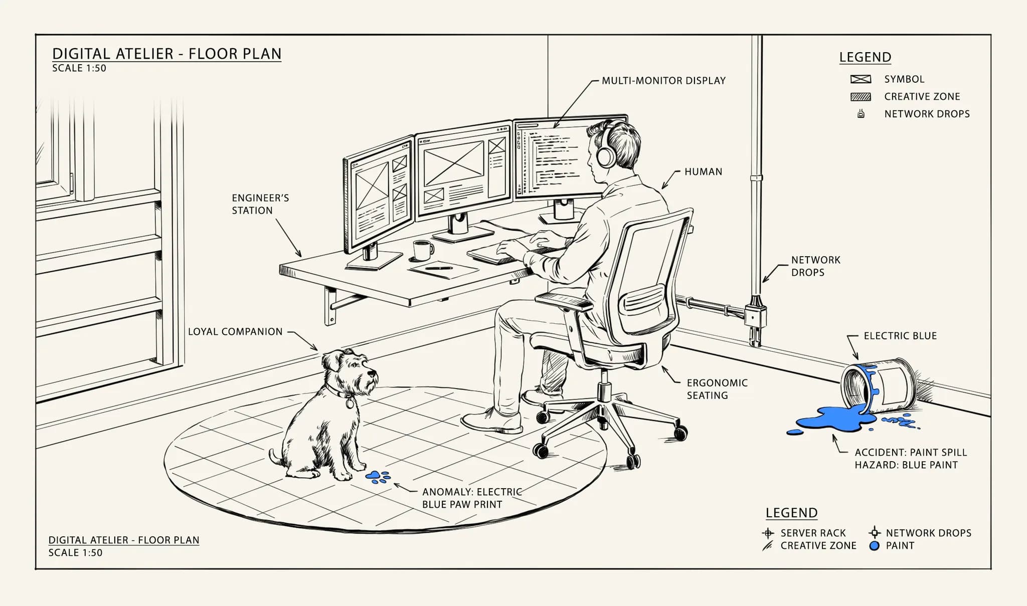 Hand-drawn floor plan of the Blue Paw Labs atelier: a single engineer at a multi-monitor station, a mini schnauzer on the rug, and a spilled tin of electric blue pigment.