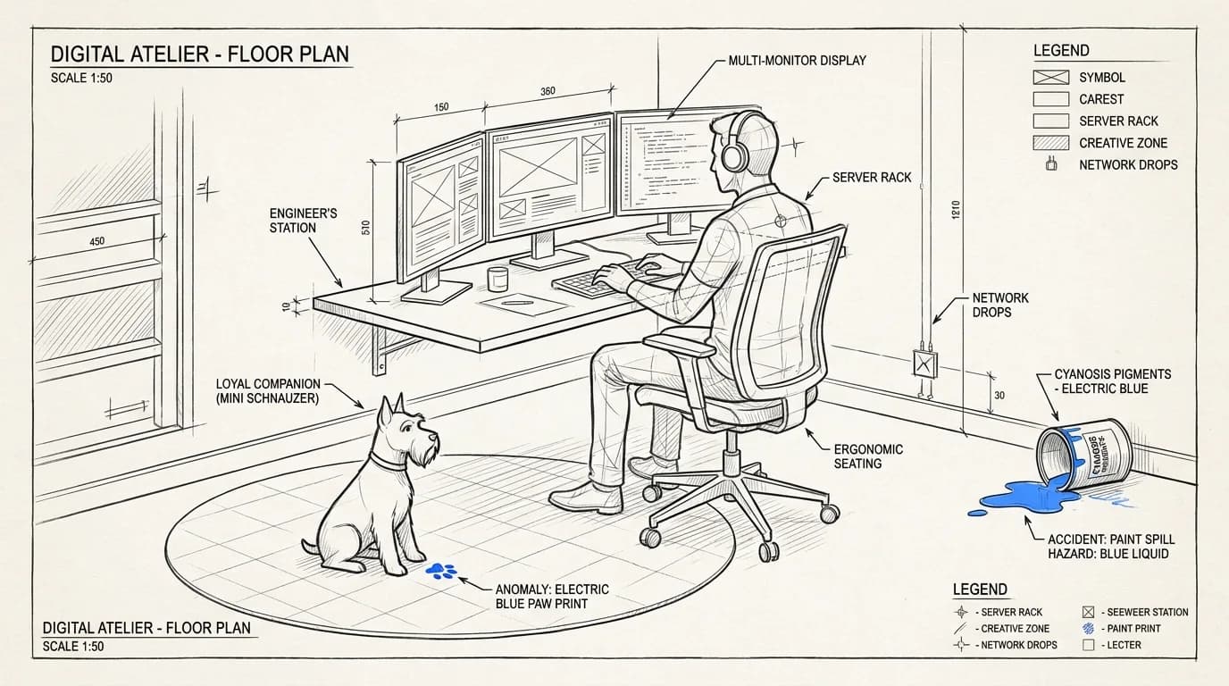 Blueprint floor plan of the Blue Paw Labs atelier: a single engineer at a multi-monitor station, a mini schnauzer on the rug, and a spilled tin of electric blue pigment.